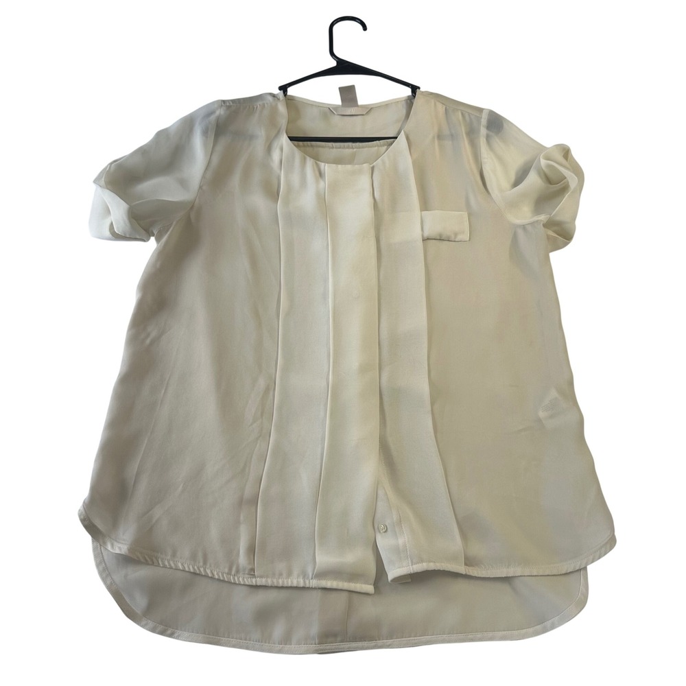 HM Cream Ivory Pleated Front Chiffon Blouse Short Sleeve High Low Top Size 4